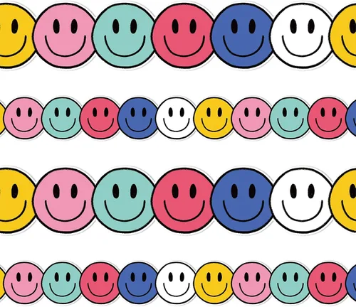 Whaline Borde de tablero de anuncios Happy Face de 32.8 pies, color azul marino, rosa, rosa, amarillo, verde, borde enrollado troquelado para