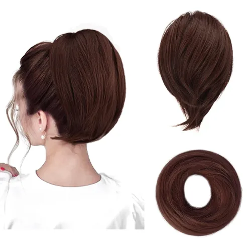 Miniatura 10 de BARSDAR Extensión de cola de caballo y moño de pelo de cobre, extensiones de moño corto sintético liso elástico para mujer, moños desordenados