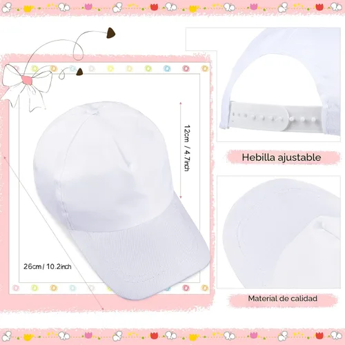 Miniatura 2 de 30 gorras de béisbol blancas para niños, gorras de béisbol en blanco con correa trasera ajustable, sombrero de sol para pintura de bricolaje