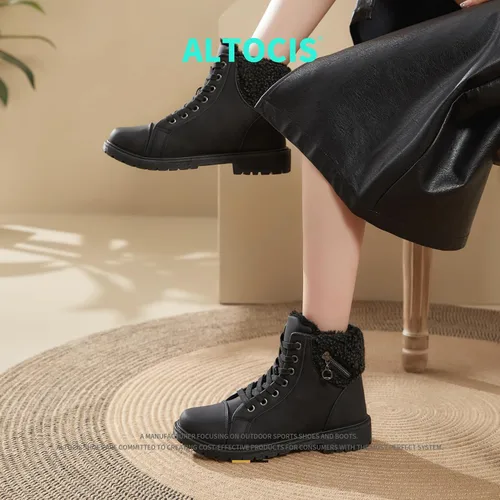 Miniatura 7 de ALTOCISWomen'sWinterBootsWater-ResistantPULeatherAnkleBootiesLaceupWinterAnkleBootWarmAnti-SlipCombat Boots