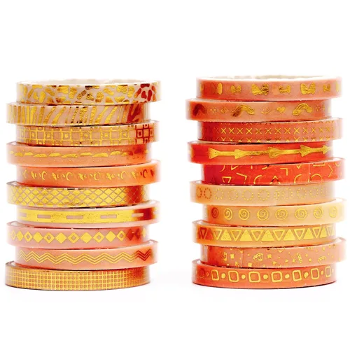 Juego de Cinta Washi Dorada Delgada con Impresión Básica de Lámina, Cintas de Enmascarar Decorativas para Artes, Manualidades DIY, Diarios, Naranja