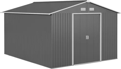 Miniatura 13 de Outsunny Cobertizo de almacenamiento exterior de 11' x 13', cobertizo de metal para herramientas de jardín con kit de cimentación, puerta con doble