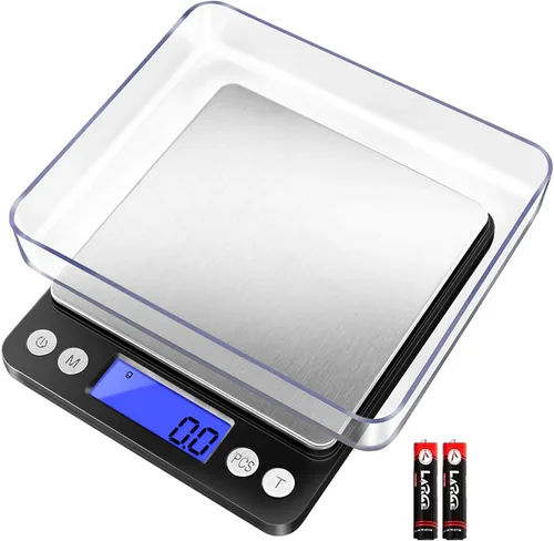 Fuzion Báscula digital de cocina 105.82 oz/ 0.00 oz, báscula de bolsillo para alimentos de 6 unidades, escala de gramos con 2 bandejas, LCD, función