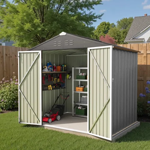 Miniatura 12 de Greesum Cobertizo de almacenamiento para exteriores de 3 x 3 pies, cobertizo de metal con cerradura para patio trasero, piscina, patio y Negro