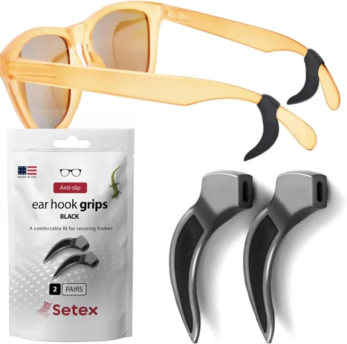 Setex Gecko Grip - Agarraderas para las orejas (2 pares negros), delgadas, suaves, comodidad durante todo el día, retenedores de gafas de seguridad,