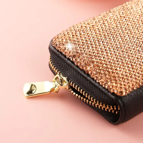 Miniatura 7 de AsAlways Funda con cremallera multicapa con diamantes de imitación RFID, cartera pequeña delgada para mujer, Oro, Moderno