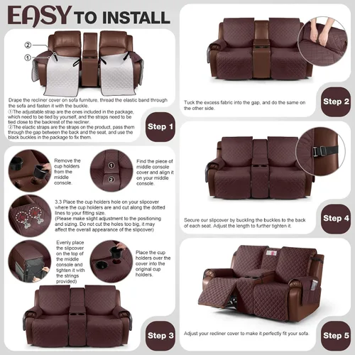 Miniatura 6 de KinCam Funda para Loveseat Reclinable 100% Impermeable con Consola, Fundas Antideslizantes para Sofá Reclinable de 2 Asientos, Funda para Sofá Café