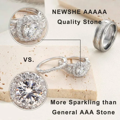 Miniatura 3 de Newshe Jewellery Juego de anillos de boda para él y ella, anillos de promesa de plata esterlina para parejas, mujeres, hombres, tallas 5-13