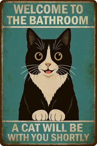 Letrero de pared de baño divertido vintage – Welcome to the Bathroom A Cat Will Be With You Shortly – Cartel de metal de gato negro para decoración