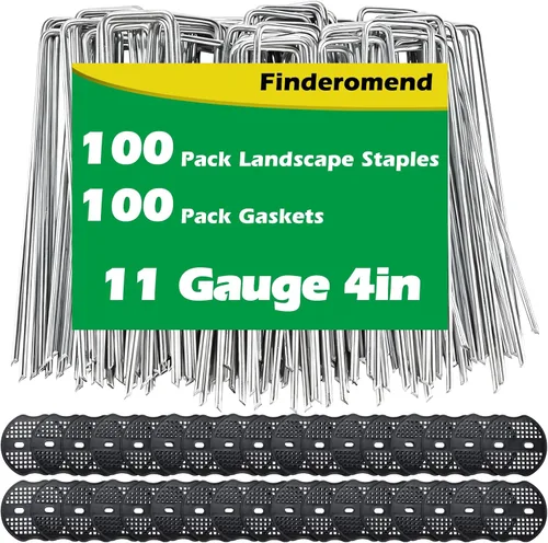 Paquete de 100 grapas de paisaje y paquete de 100 juntas, grapas de jardín de acero galvanizado de calibre 11 de 4 pulgadas con almohadillas negras,
