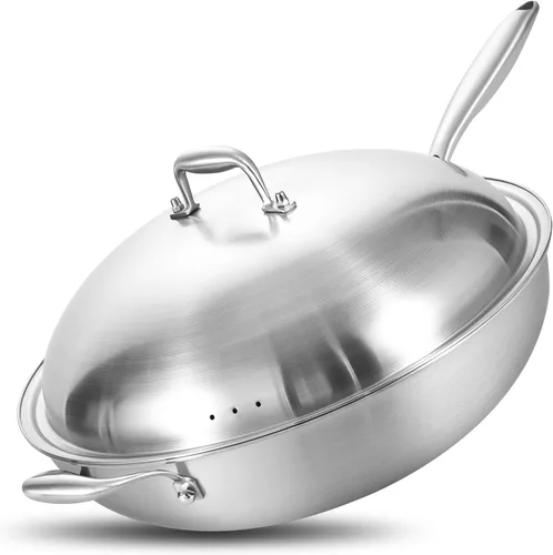 Miniatura 8 de LOLYKITCH Sartén Wok de Acero Inoxidable de Tres Capas de 14.5 Pulgadas, Sartén para Saltear, Sartén de Cocina de Chef por Inducción, Apta