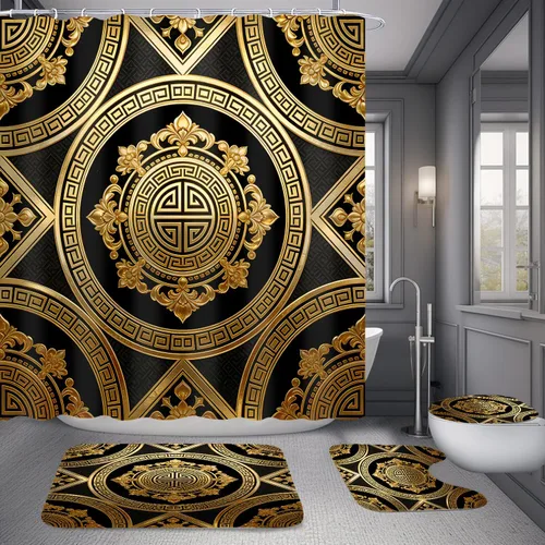 Miniatura 4 de Yizheer Juego de 4 cortinas de ducha de lujo, color negro y dorado, patrón de damasco impermeable, kit de decoración de baño