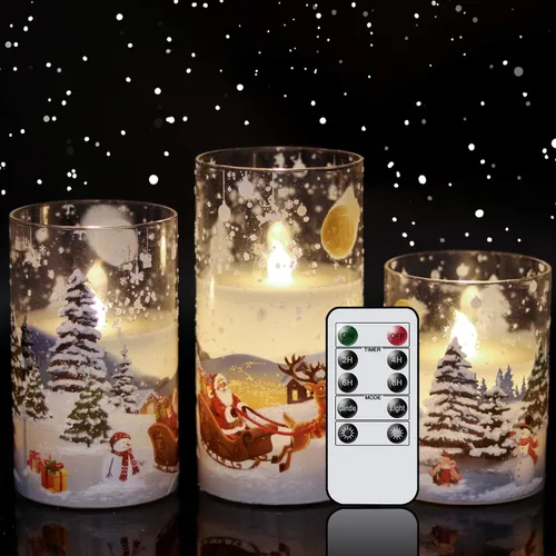 Eldnacele Vela de cristal sin llama de Papá Noel con temporizador remoto, funciona con pilas, velas LED parpadeantes, paquete de 3 velas de Navidad