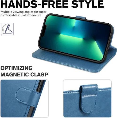 Miniatura 4 de TUCCH Funda tipo cartera para iPhone 13 Pro Max, con bloqueo RFID, ranura para tarjetas y soporte [funda interior de TPU a prueba de impactos], Azul