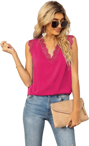 Miniatura 190 de VIISHOW - Camiseta sin mangas, sexy, con cuello en V y bordes de encaje para mujer, camisola de vestir, camisas de gasa, sin mangas, casuales