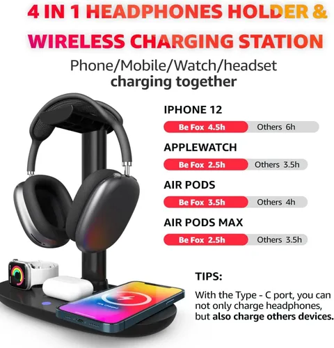 Miniatura 2 de Cargador inalámbrico 4 en 1 con soporte para auriculares, soporte para cascos y base de estación para Apple Watch, AirPods Max/Pro/Pro 2/AirPods