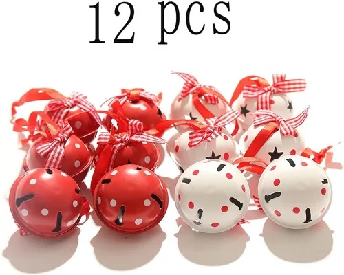 Miniatura 3 de Cascabeles de Navidad, 12 campanas artesanales con copo de nieve para adornos de corona de árbol, decoraciones navideñas de bricolaje (blanco y rojo)