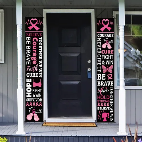 Miniatura 7 de Decoraciones de fiesta de cinta rosa para concientización sobre el cáncer de mama, cartel de porche, esperanza, fuerza, coraje, fe, pancarta
