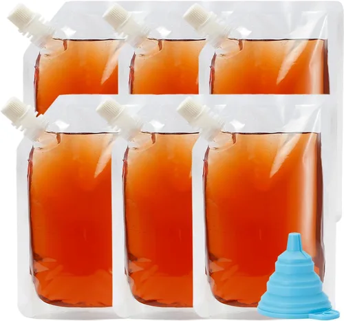 Miniatura 8 de 6 bolsas de bebidas para adultos, botellas de plástico, reutilizables, desechables, con embudo (8 onzas)