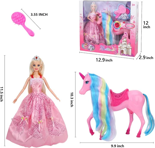 Miniatura 6 de BETTINA Juego de muñecas de princesa unicornio con luz mágica, juguetes de unicornio para niñas, juguete de caballo con melena y cola, juguetes