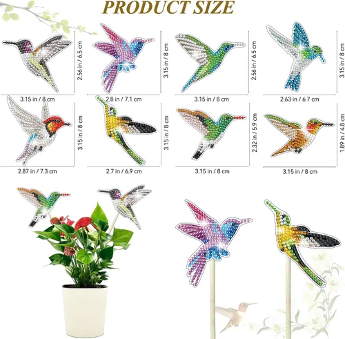 Miniatura 5 de Vcekract 8 Kits de Pintura de Diamante de Colibrí, Kits de Arte de Diamantes para Decoración de Jardín, Estacas de Jardín Kits de Arte de Diamantes