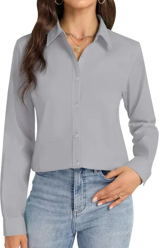 Miniatura 13 de Camisas con botones J.VER para mujer con cuello elástico y manga larga de algodón, camisa de vestir casual de negocios para el trabajo