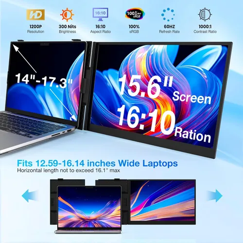 Miniatura 3 de Extensor de pantalla para laptop, monitor portátil ultrafino de 15.3 pulgadas FHD 1200P 16:10 para laptop, extensor ligero de monitor dual Plug &