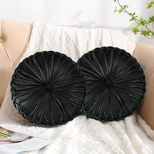 Miniatura 6 de HIG - Juego de 2 almohadas decorativas redondas plisadas, almohadas de calabaza de acento elegantes con botón central, almohadas de suelo