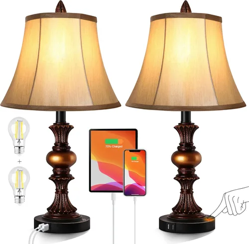 Juego de 2 lámparas de mesa tradicionales con control táctil, lámparas de noche vintage con puertos de carga USB duales, lámparas de escritorio con