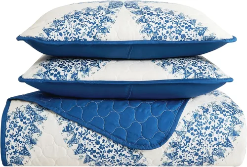 Miniatura 3 de CANNON Abigail - Juego de edredón de poliéster de 2 piezas, color crema y azul, tamaño individual/individual XL, con temática floral, para hombres