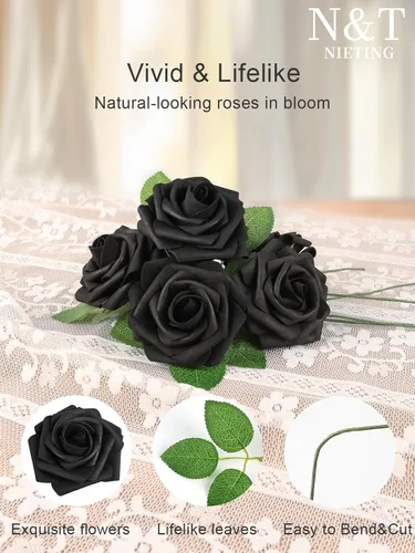 Miniatura 218 de N&T NIETING Flores artificiales, rosas artificiales de color rosa intenso, 50 piezas de flores falsas con tallo para ramos de boda DIY, centros