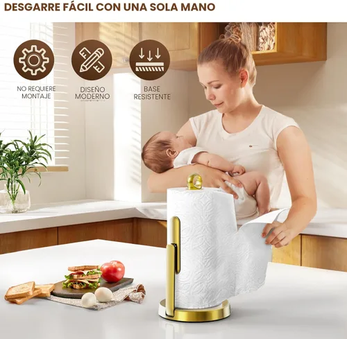 Miniatura 4 de theaoo Toallero de papel de acero inoxidable resistente con brazo de tensión, fácil de rasgar con una sola mano, moderno dispensador de encimera