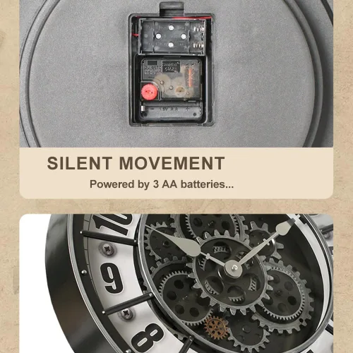 Miniatura 8 de Reloj de pared de 18 pulgadas con engranajes en movimiento, decoración industrial steampunk de gran tamaño, relojes de pared de metal antiguos