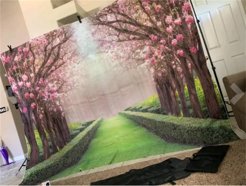 Miniatura 2 de Leowefowa Fondo de vinilo de primavera de 5 x 3 pies para el día de San Valentín, flor de cerezo, hierba verde, prado, plantas, condado, naturaleza