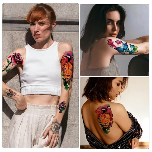 Miniatura 6 de Aresvns Tatuaje temporal de acuarela 3D para barbacoa, piscina, fiesta en la playa, 14 hojas de rosas, flores, mariposas, leones, tatuajes falsos
