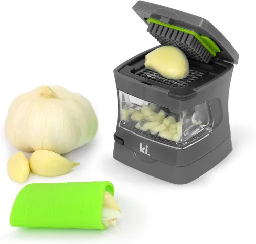 Prensa de ajo Garlic-A-Peel, trituradora, cortadora, picadora y contenedor de almacenamiento - Incluye pelador de ajo de silicona - Fácil de limpiar