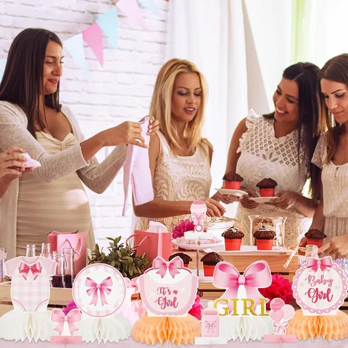 Miniatura 8 de 12 centros de mesa de nido de abeja con lazo rosa para baby shower, decoración de mesa en 3D para decoración de mesa en baby showers, revelaciones