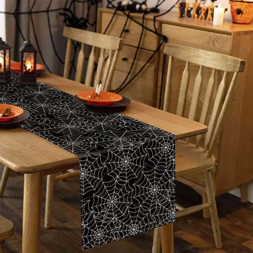Miniatura 4 de Camino de mesa de Halloween, tela de araña, lino negro, caminos de mesa para vacaciones de temporada, interiores y exteriores, cocina, comedor
