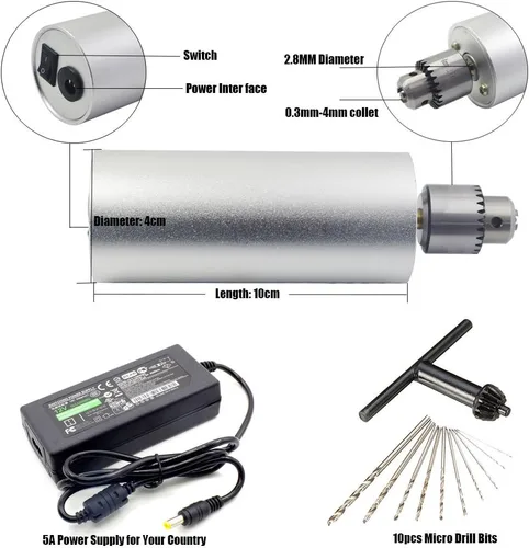 Miniatura 2 de Yakamoz – Taladro manual portable, de 0.3 mm - 4 mm, de aluminio, mini taladro manual, eléctrico, PCB, con fuente de poder de 5 A y 10 micro brocas