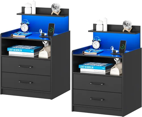 Miniatura 14 de Mesita de noche LED con estación de carga, mesita de noche con 2 cajones y almacenamiento abierto, mesa de noche con luces LED, mesa auxiliar Negro