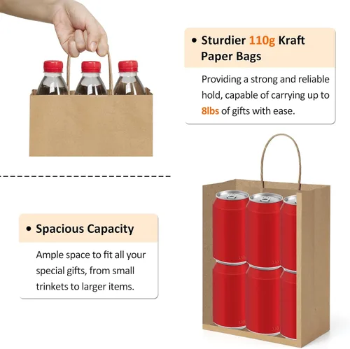 Miniatura 3 de BagDream 25 bolsas de regalo marrones de 8 x 4.25 x 10.5 pulgadas, papel kraft para regalos, compras al por menor de mercancías de comestibles
