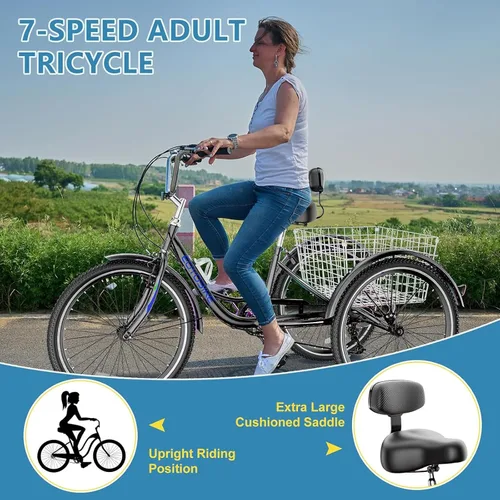 Miniatura 5 de NAIZEA Adult Tricycle, 7 Speed Three Wheel Cruiser Bike, 20/24/26 inch Adult Trikes 3 Wheel Bikes with Large Basket for Seniors, Adults, Women, Men