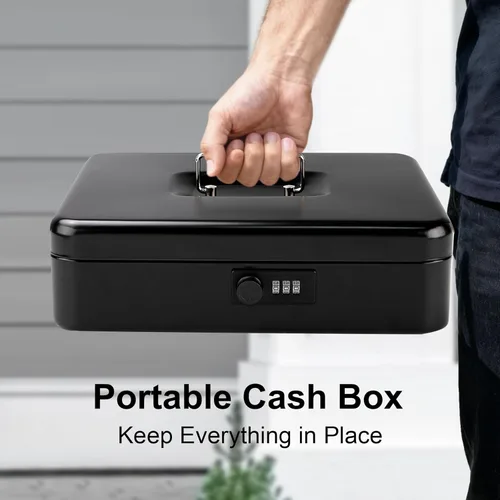 Miniatura 7 de Jssmst Caja grande de metal con cerradura con bandeja de dinero, caja de dinero con cerradura de combinación, color negro Cerradura de combinación