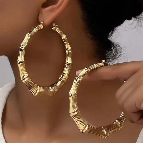 Miniatura 5 de Aretes de bambú para mujeres, gran set de aretes de aro de bambú, estilo hip hop de los 80 y 90, joyería para regalos de fiesta, accesorios