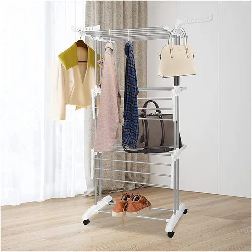 Miniatura 2 de Bigzzia Tendedero plegable de 4 niveles para ropa, ropa, caballos, estante de secado de lavandería de acero inoxidable (gris blanco, 4 niveles)