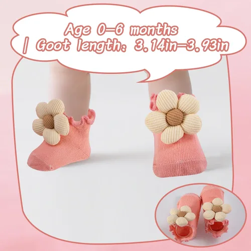 Miniatura 5 de Juego de 10 pares de calcetines para bebé con agarres antideslizantes, diseño de flores 3D grandes y ribete con volantes, conjunto de regalo