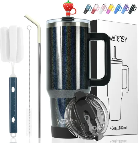 Miniatura 20 de Vaso de 20 oz con asa, vaso con tapa y pajita, vaso de doble pared con aislamiento de acero inoxidable para viajes (frío durante 34 horas), botella