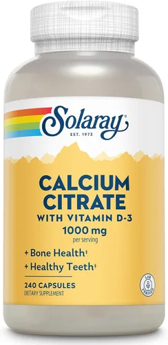 Solaray Citrato de calcio con vitamina D3 1000 mg, huesos y dientes saludables, apoyo para corazón, músculos y nervios, 60 porciones, 240 cápsulas