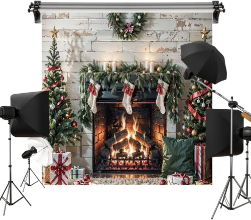 Kate Fondo de chimenea de ladrillo de Navidad de 6.5 x 6.5 pies / 6.6 x 6.6 ft, regalo de árbol de Navidad, calcetín de tela impresa, fondo de
