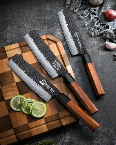 Miniatura 7 de FAMCÜTE Cuchillo Nakiri grabado personalizado de 7 pulgadas, forjado a mano, cuchillo de chef japonés de acero 9CR18MOV de 5 capas con mango